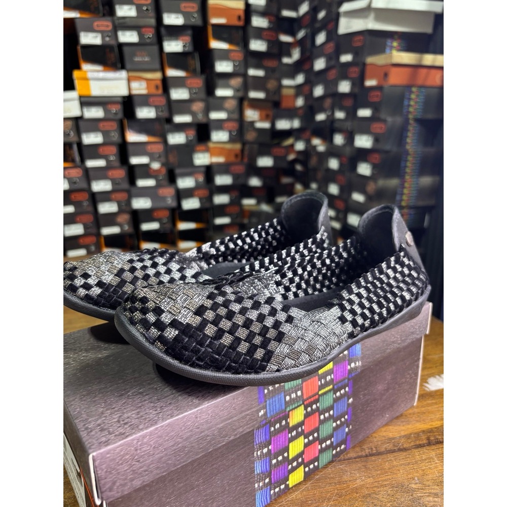 Bernie Mev Catwalk Glam Mix Black Silver Woven Flats Size 38 US 7.5-8